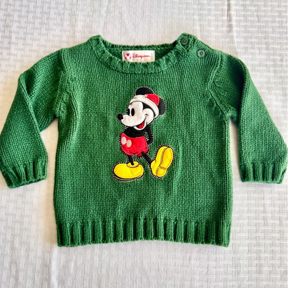 Disney Store Vintage Mickey Mouse Green Knit Christmas Sweater Baby 6-9 Months